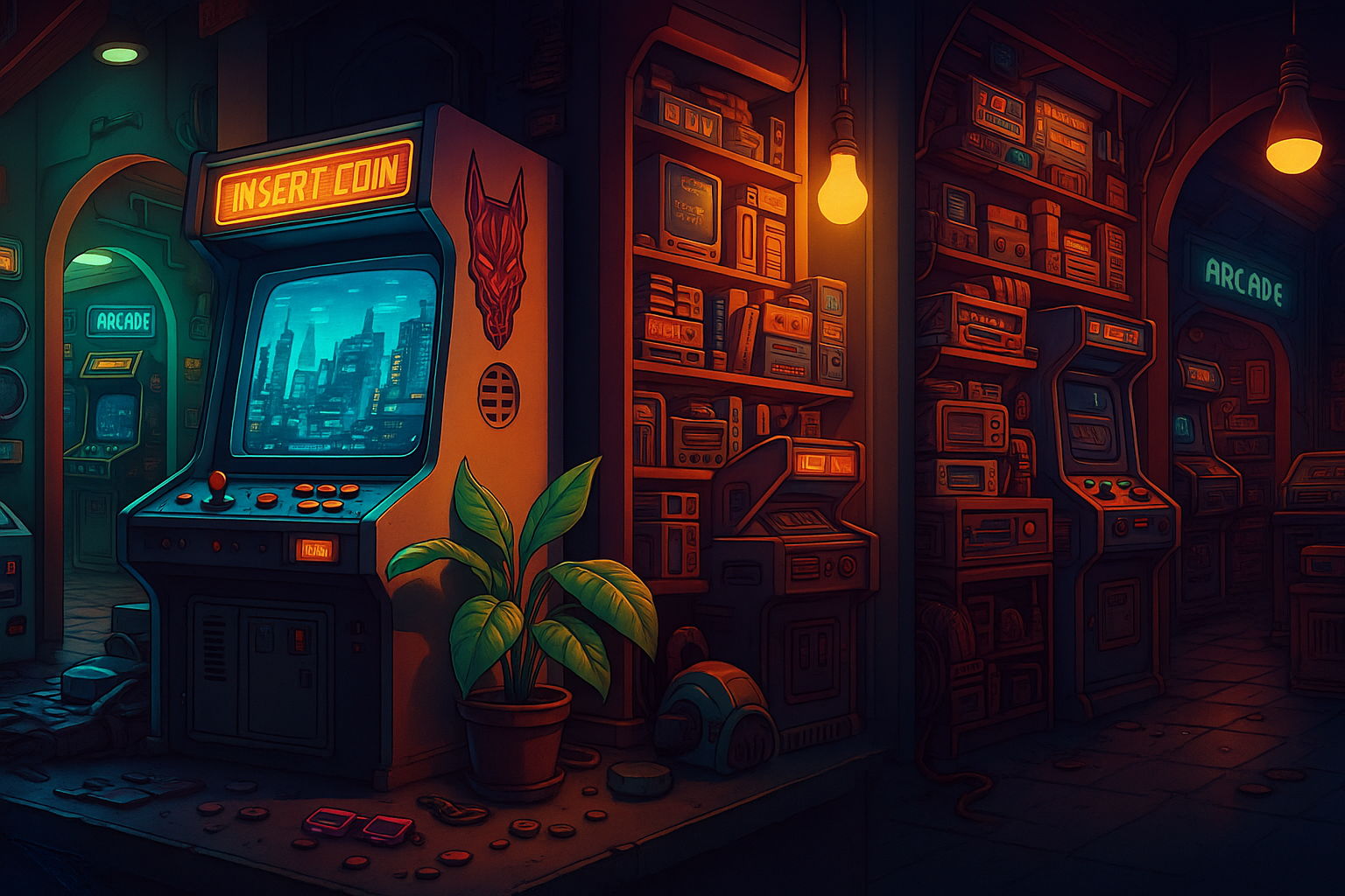 Retro arcade room with vintage gaming cabinets